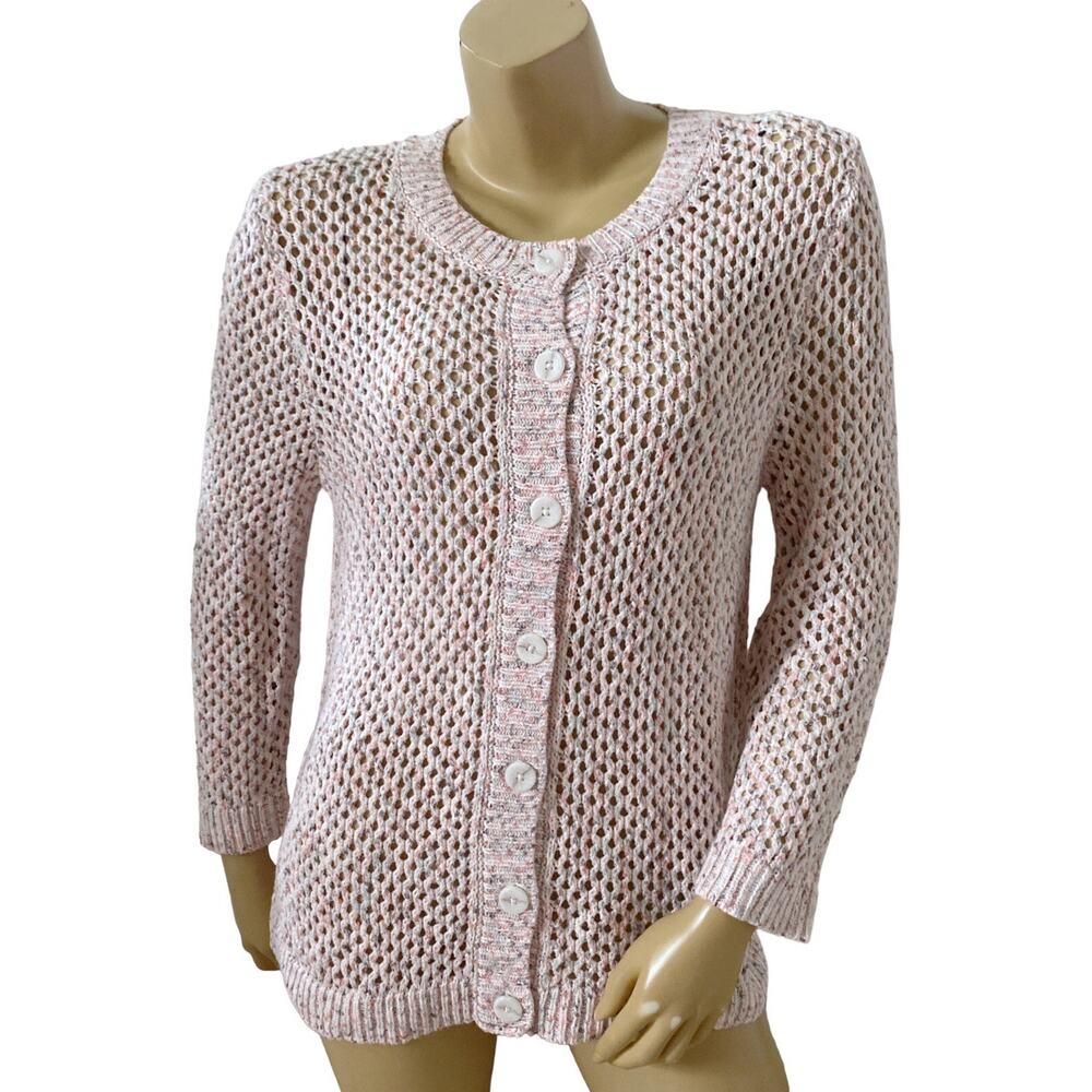 Cable & Gauge Open Knit Mesh Cardigan Sweater Pink Speckled Women's Size Large